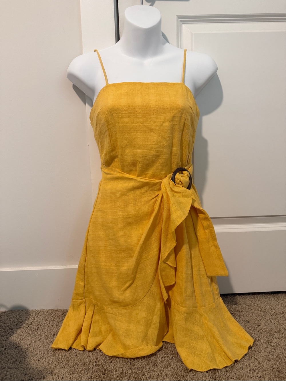 American Eagle Spaghetti Strap Yellow Wrap Dress with Tie Detail